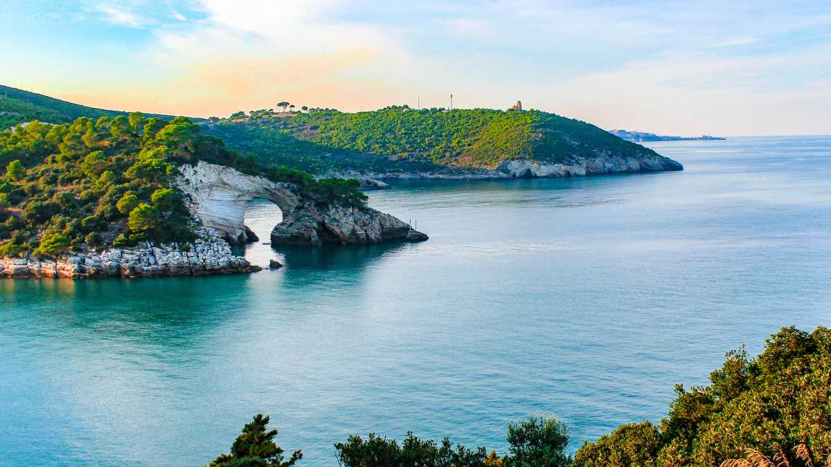 Mare cristallino delle Isole Tremiti con scogli e vegetazione mediterranea.